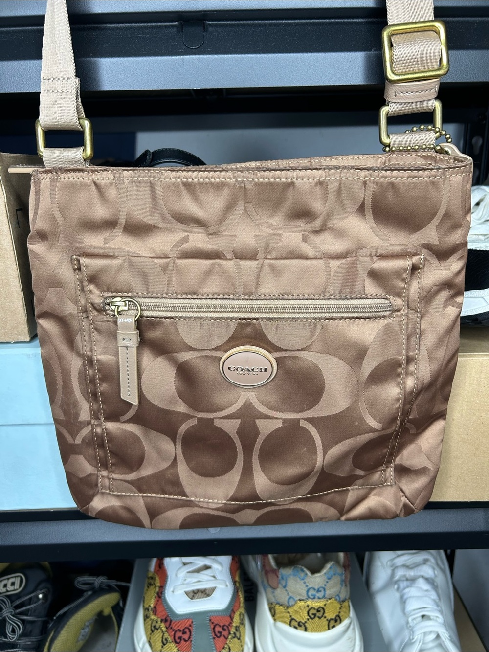 Coach F77408 Signature Taupe Beige Nylon Crossbody Bag